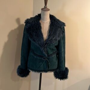 Caruana Leather Suede Faux Fur Collar and Cuffs Coat